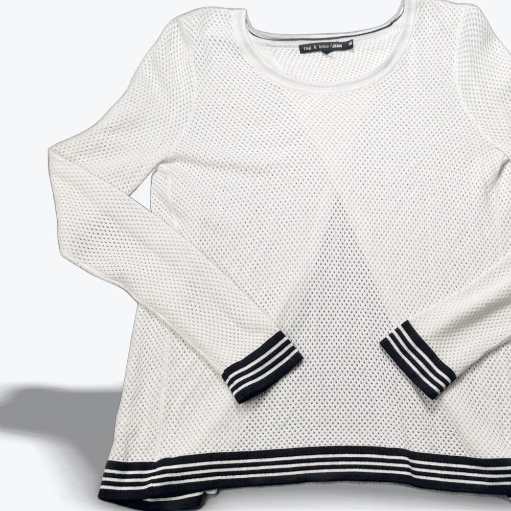 Rag & Bone JEAN Womens XS White Split Back Mesh Knit Striped Trim Sweater